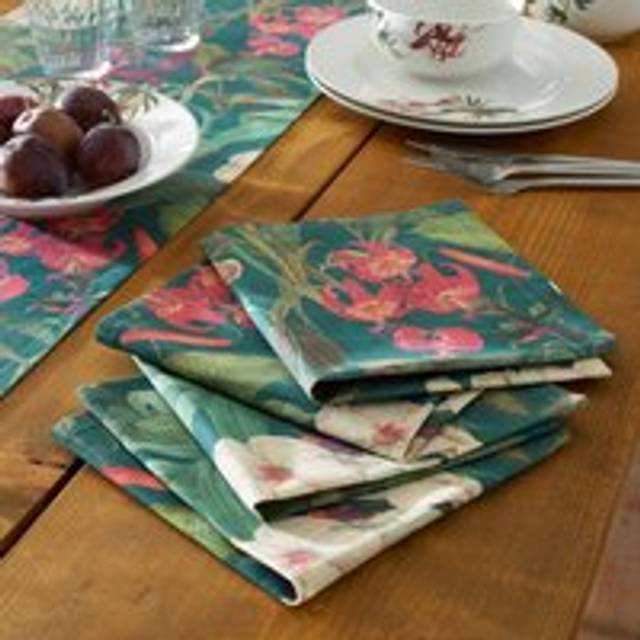 Set of 4 Botanical Bird Napkins - Teal