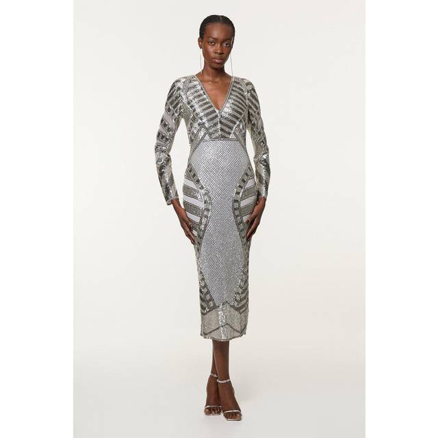 Tall Beaded Embellished Woven Maxi Dress - Silver