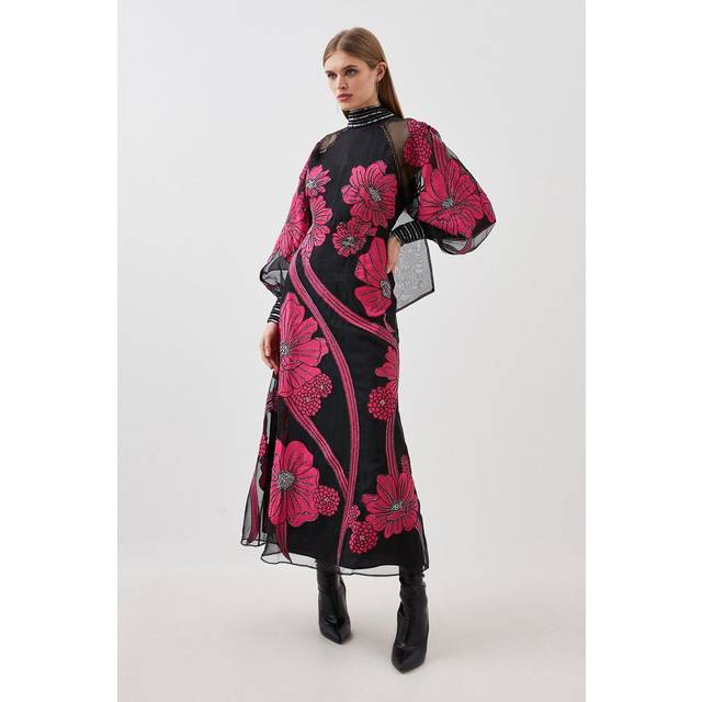 Petite Applique Organdie Floral Graphic Maxi Dress - Black