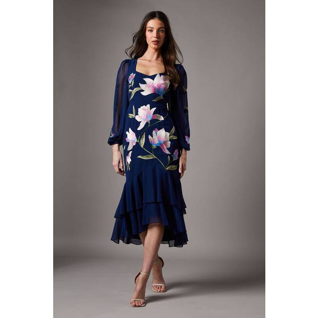 Petite Embroidered Ruffle Long Sleeve Dress - Navy - 8