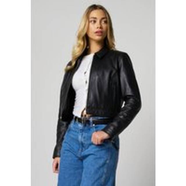 Womens Real Leather Harrington Jacket - Black - 12