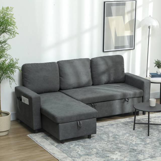 HOMCOM L-Shape Corner Pull-Out Sofa Bed with Reversible Chaise and Storage - Dark Grey, Grey