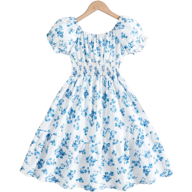 SHEIN Tween Girl Floral Print Puff Sleeve Ruffle Hem Dress
