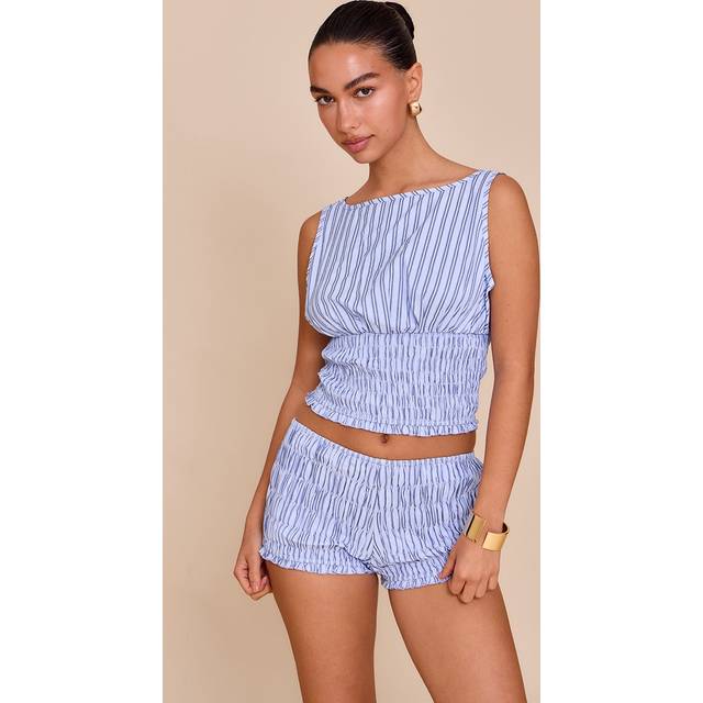 Blue Striped Shirred Waist Top, Blue - 16
