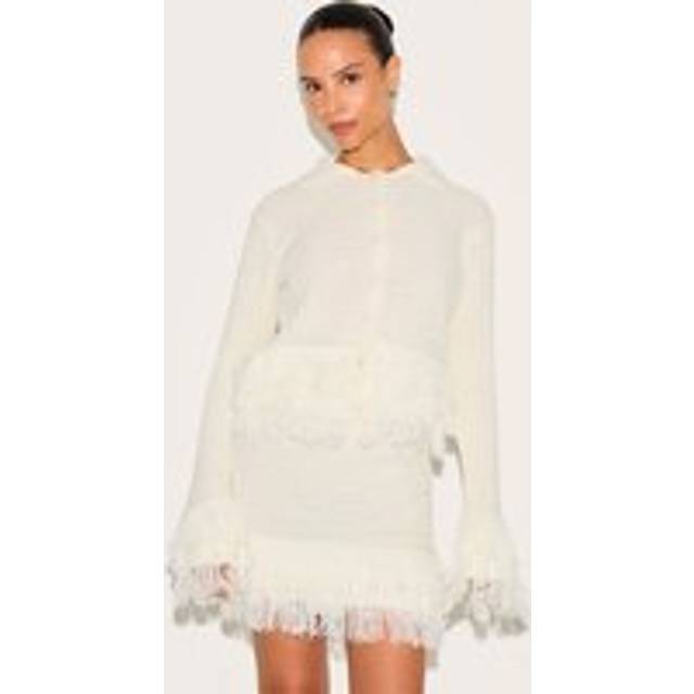 Petite Cream Rib Fringe Hem Knit Skirt, White - M