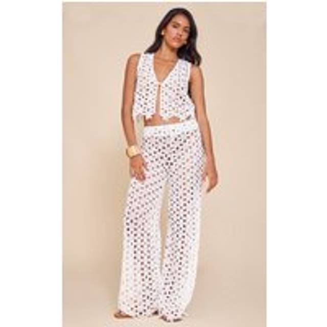 White Embroidered Straight Leg Trousers, White - 16