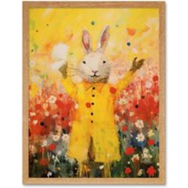 Wall Art Print Rabbit in a Yellow Rain Mac Oil Painting Bright Floral Meadow Kids Bedroom Nursery Art Framed - Tan - W12 inch x H16 inch