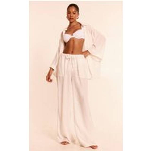 White Linen Look Drawstring Beach Trousers, White - XS