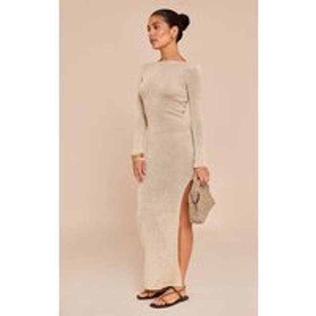 Petite Champagne Open Tie Back Long Sleeve Knitted Maxi Dress, Yellow