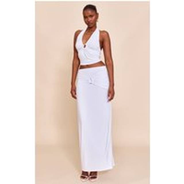 White Ruched Detail Flowy Maxi Skirt, White - 10
