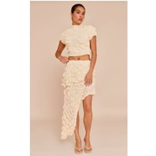 Petite Almond Textured Asymmetric Tiered Frill Skirt, Almond - 2