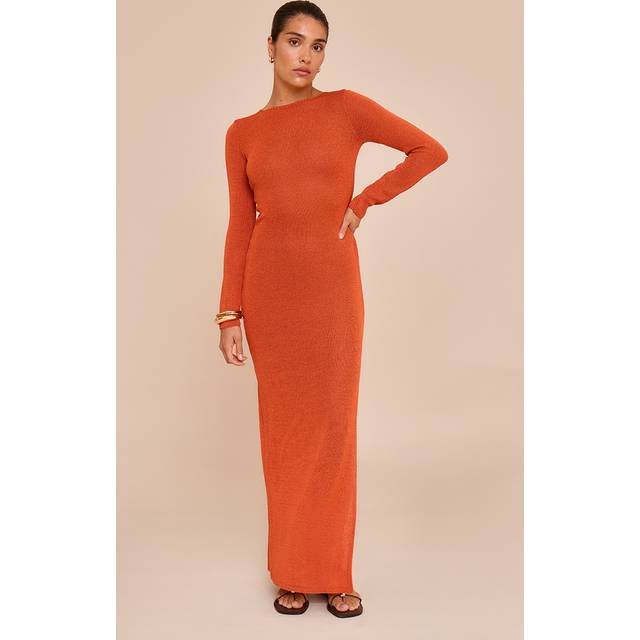 Petite Burnt Orange Open Tie Back Long Sleeve Knitted Maxi Dress, Orange - XS