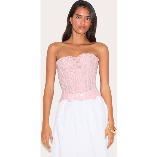 Pale Rose Textured Sheer Floral Lace Corset, Pale Rose - 12