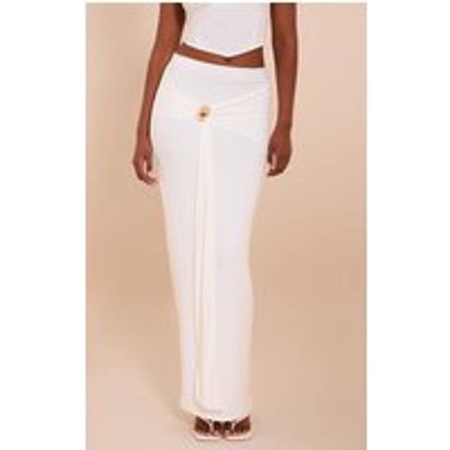 Cream Double Layer Trim Detail Slinky Maxi Skirt, White - 16