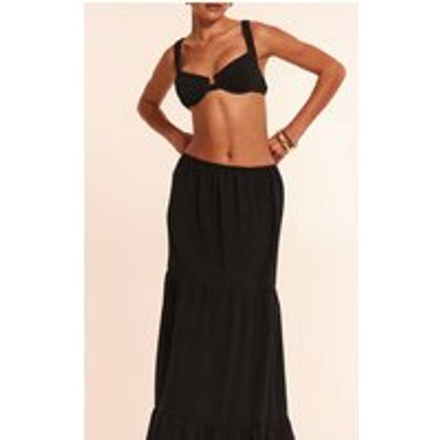 Black Linen Look Tiered Maxi Beach Skirt, Black