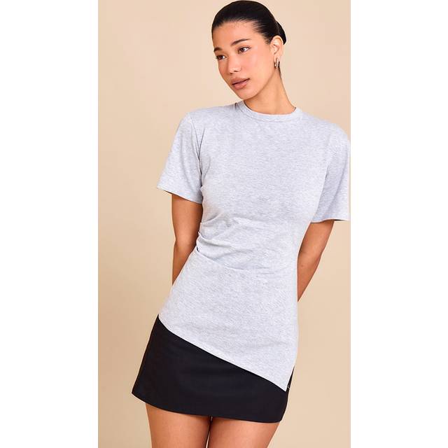 Grey Marl Cotton Ruched Side Asymmetric Hem T-shirt, Grey Marl - 6