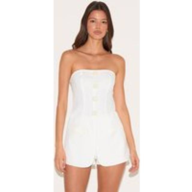 White Beaded Button Detail Tailored Playsuit, White - 14