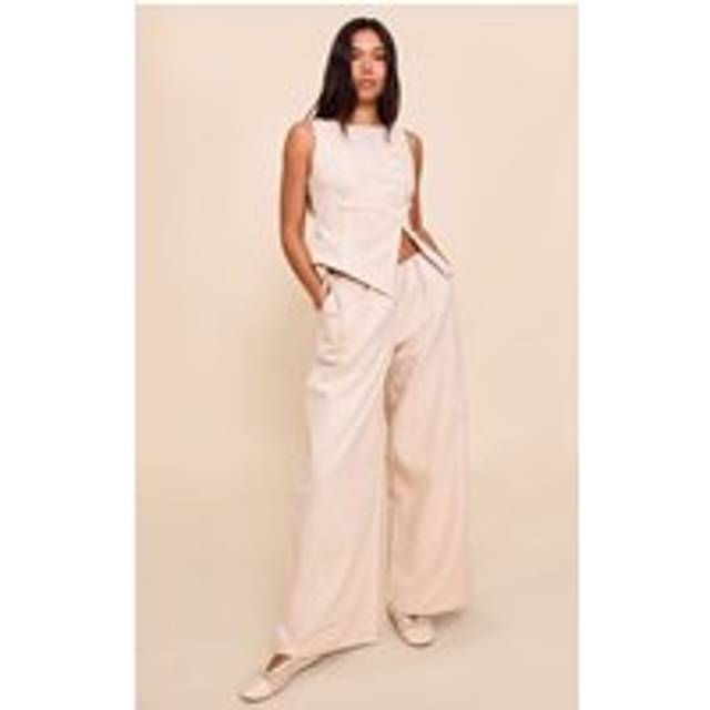 Natural Premium Linen Side Tie Detail Wide Leg Trousers, Natural - 12