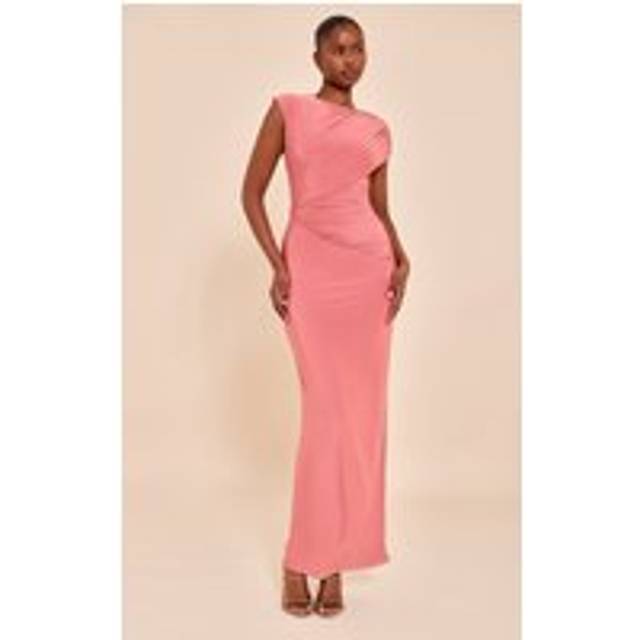Dusty Pink Double Layer Slinky Off Shoulder Drape Maxi Dress, Dusty Pink - 4