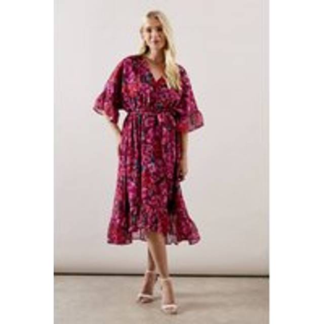 Womens Petite Occasion Floral Belted Chiffon Midi Dress - Pink - 12