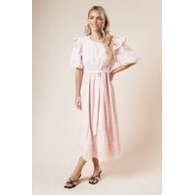Womens Petite Cutwork Ruffle Puff Sleeve Midi Dress - Pink - 12