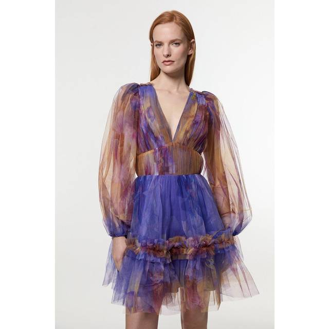 Floral Tulle Plunge Long Sleeve Woven Mini Dress - Lilac