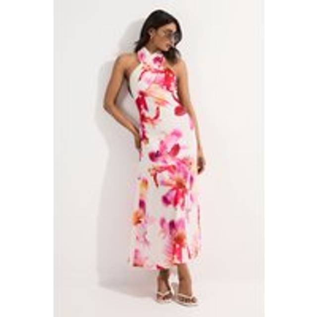 Abstract Floral Printed Jersey Crepe Twist Neckline Maxi Dress