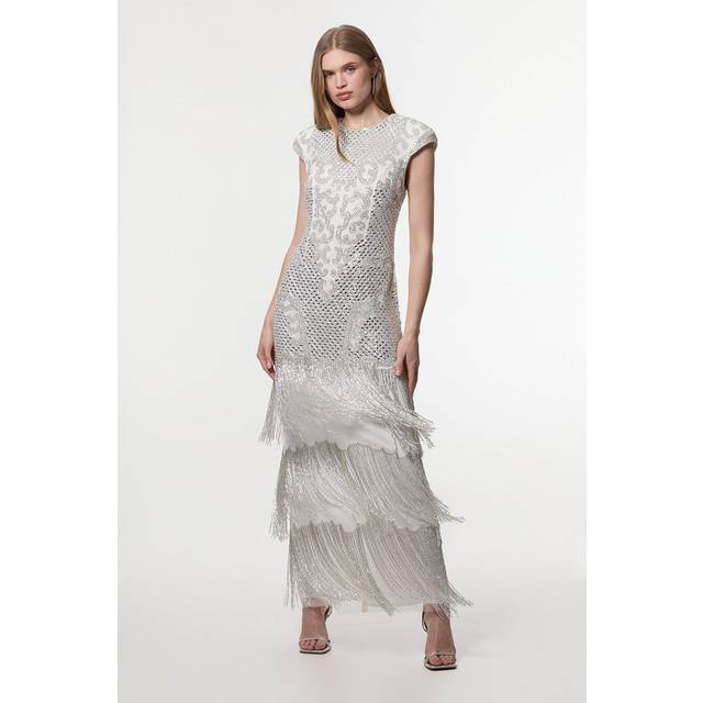 Crystal Embellished Fringe Maxi Dress - Ivory