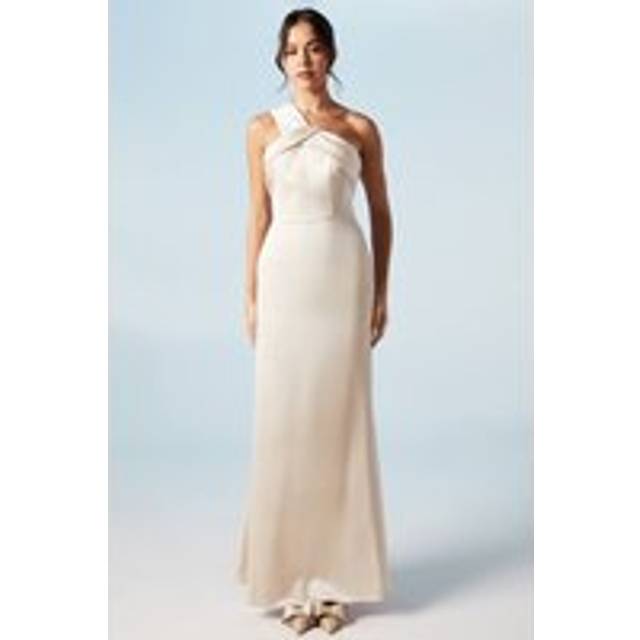 Asymmetric Neckline Satin Bridesmaids Maxi Dress - Champagne - 12