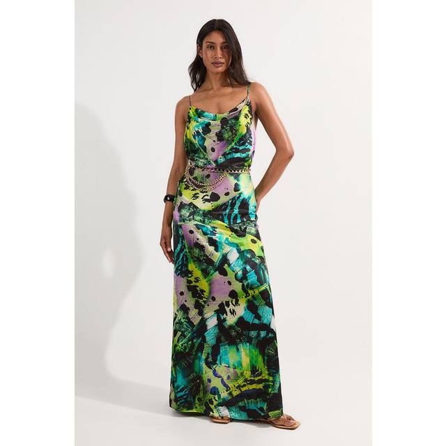 Butterfly Viscose Satin Cowl Detail Belted Maxi Dress