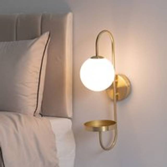 ValueLights Milo Frosted Glass Globe Shade Curved Brushed Gold Wall Light with Shelf and Bulb - 53 x 15 x 24cm