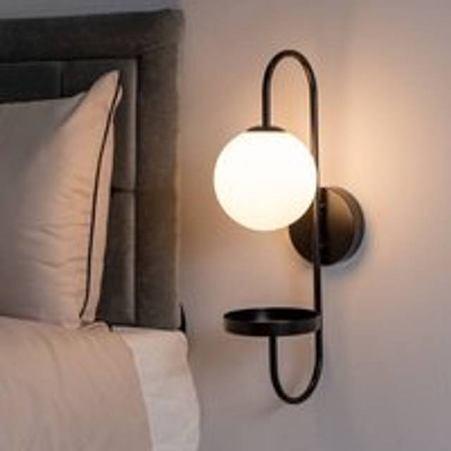 ValueLights Milo Frosted Glass Globe Shade Curved Matte Black Wall Light with Shelf and Bulb - 53 x 15 x 24cm