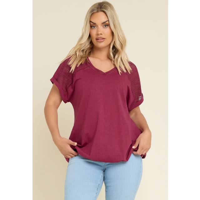 Yours Curve Dark Pink Crochet Bubble Hem Tshirt, Women's Curve & Plus Size, Yours - 14