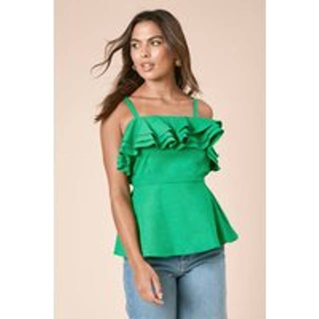 Womens Tiered Frill Neckline Peplum Top - Green - 8