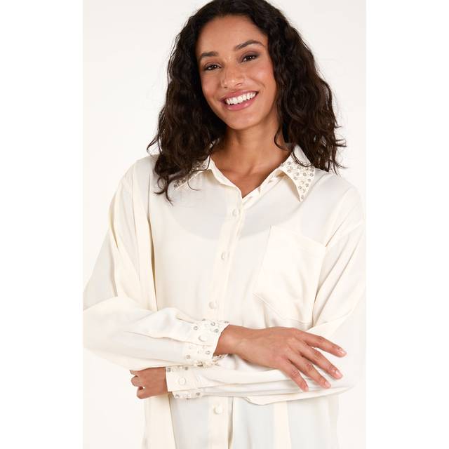 Embellished Collar & Cuff Satin Shirt - M/L / CREAM