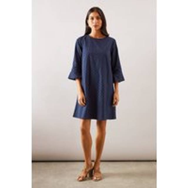 Broderie Flute Sleeve Shift Dress - Navy - 20