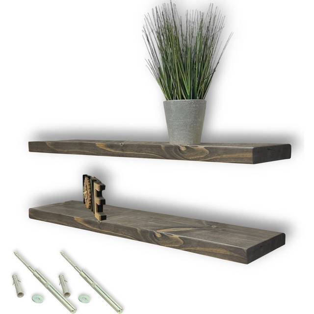 Set Of 2 Handcrafted Floating Wall Shelves With Invisible Brackets Perfect For Kitchen Decor And Storage - Driftwood (4.5cm H x 60cm W x 22cm D)