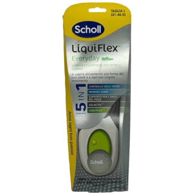 Scholl Liquiflex dagligen, justerbara anti-lukt minnesskum, justerbara innersulor med 5-i-1-teknik för alla typer av skor, planteringsbåge, daglig användning, storlek L (41-46,5)
