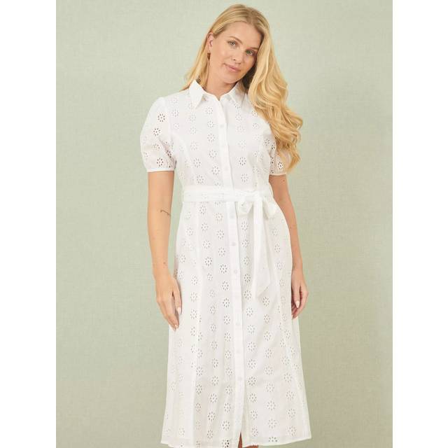 Yumi White Cotton Broderie Anglaise Midi Shirt Dress - Size 8 UK - Yumi