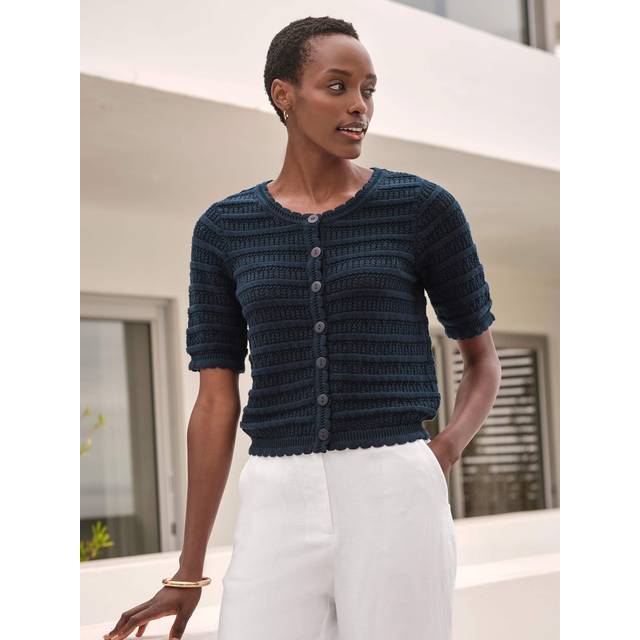 Pure Collection Short Sleeve Crochet Trim Cardigan, Navy