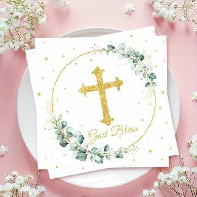 SHEIN 20pcs Eucalyptus Leaf Cross Printed Disposable Napkins, For Christening, Birthday Party - One-Time Use Decorative Napkins, Dessert Table Decor For Cel