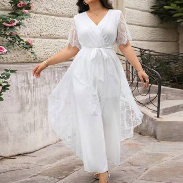 SHEIN Plus Size Elegant Solid Lace Blouse And Long Pants 2pcs Outfit