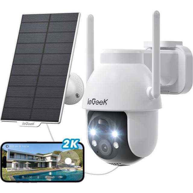 ieGeek 2K Solar Security Camera Outdoor Wireless, 360? Pan Battery Camera with Solar Panel, Wifi CCTV Camera Systems, Color Night Vision, PIR Motion