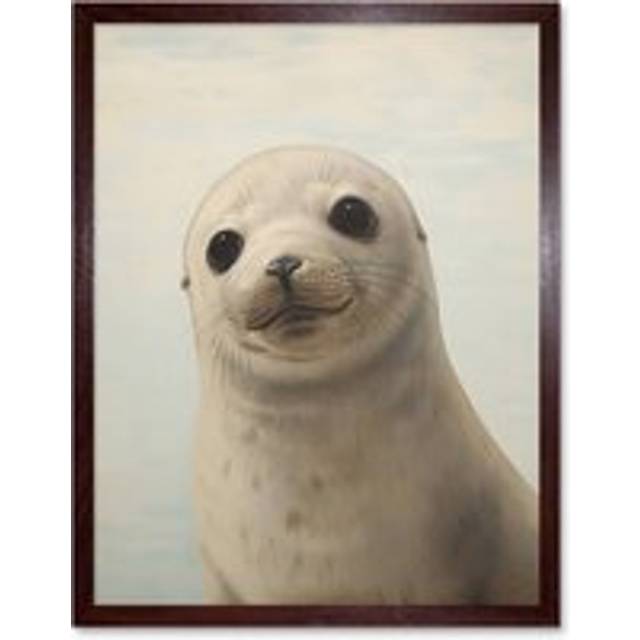 Wall Art Print Adorable Baby Seal Pup Portrait Oil Painting Calming Kids Bedroom Cute Arctic Animal Artwork Art Framed - Brown - W12 inch x H16 inch