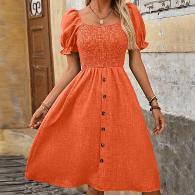 Damklänning i denimeffekt A-linje med puffärm - Orange (L,M,S,XL)