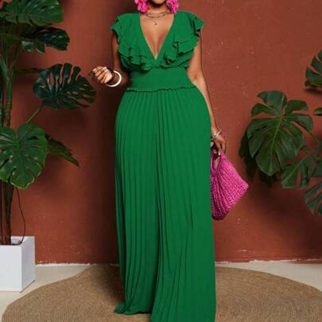 Maweii Plus Size Women&#39;s Deep V-Neck Lotus Leaf Sleeve Pleated Jumpsuit, Elegant Daily Commuting Leisure