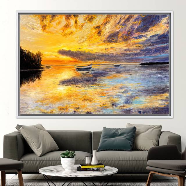 Sea View Abstract Sunset Landscape Oil Painting Print on Canvas with Boat Wall Art Decor - Gold Floater Framed (70 cm H x 100 cm W)