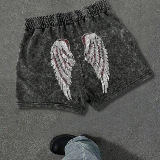 SHEIN Cotton &#34;Wings&#34; Pattern Summer Women&#39;s Fun Shorts Printed Regular Fashion Snowflake Washed Shorts Women&#39;s Front Strap Pocket Simple Shorts Daily Casual