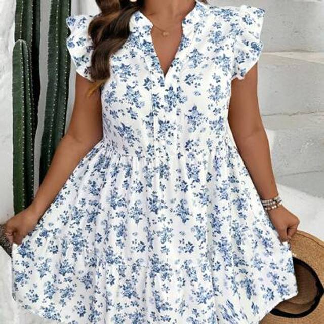 SHEIN Plus Size Women Fairy Print Cap Sleeve Casual Dress