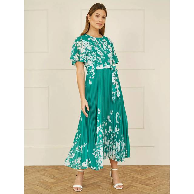 Yumi Green Mirror Floral Design Pleated Midi Dress - Size 12 UK - Yumi